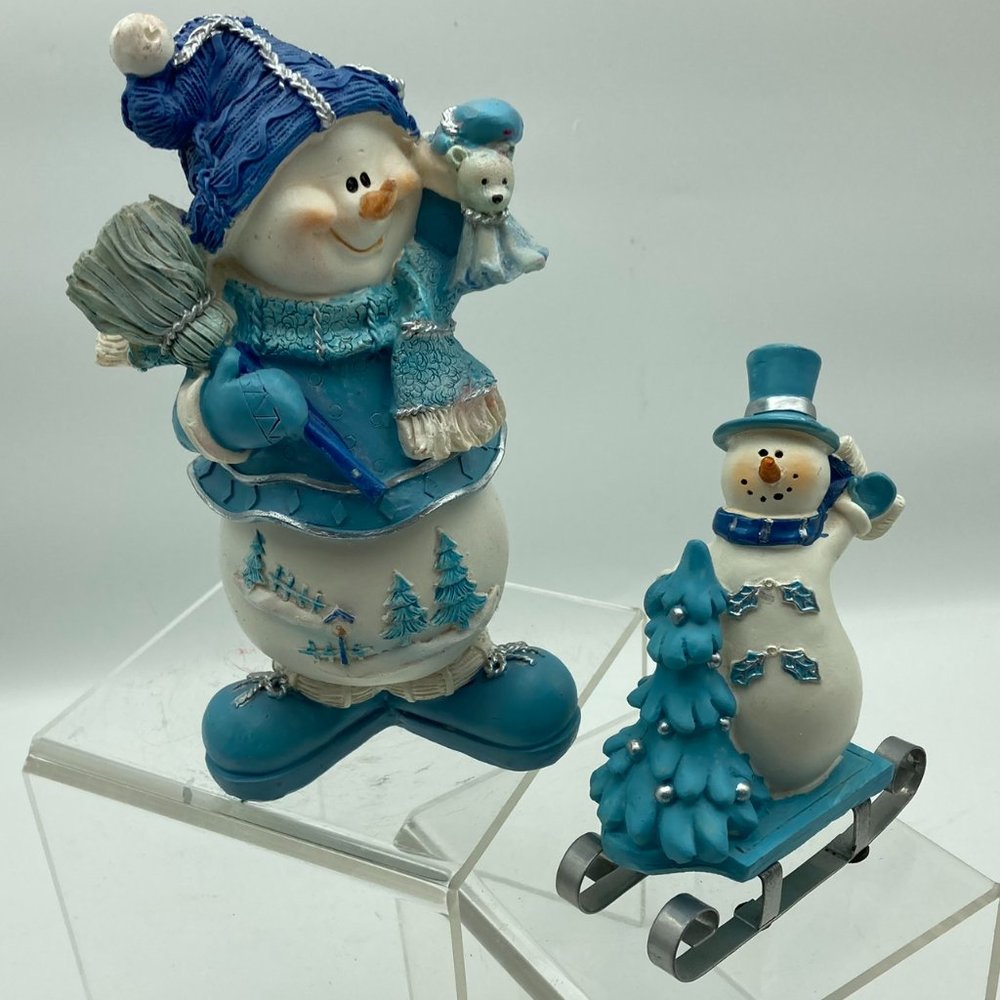 Set of 2 Christmas Figurines Blue/White Snowmen Sleigh Tree Broom Bear
